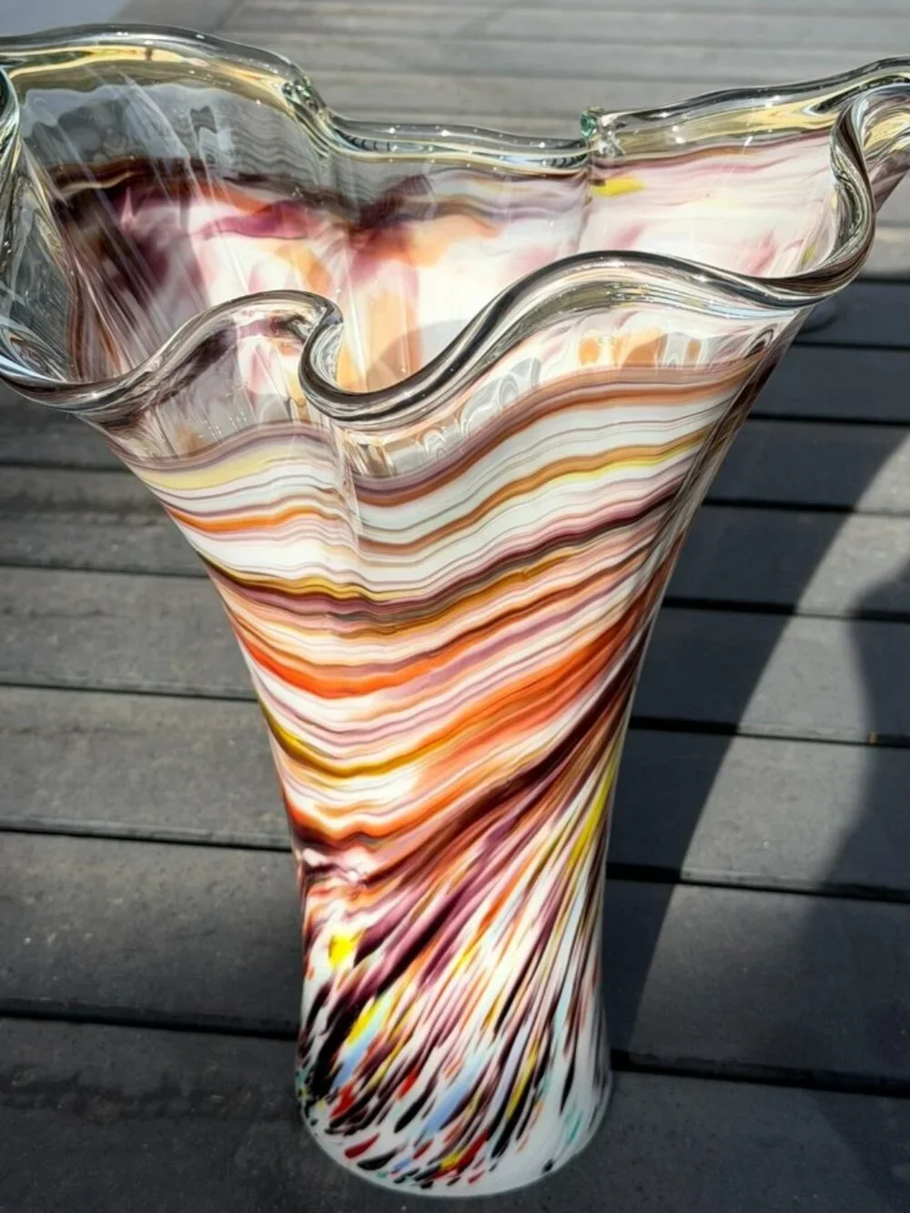 Vintage Murano Style Hand Blown Multicolor Art Glass Ruffled Vase 13.5